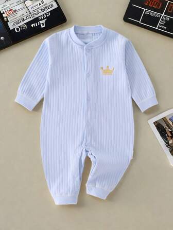 男婴连体衣 新生儿连体衣 蓝色皇冠图案 春秋季儿童开衫睡衣 男女童四季皆宜