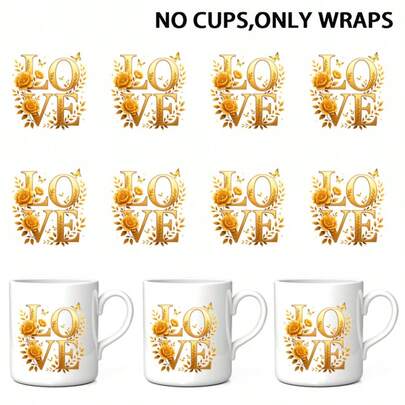 8pcs/Set Valentine's Day Gold Floral & LOVE Theme Design, UV DTF Heat Transfer Stickers, Cartoon Patterns, Waterproof & Scratch-Resistant 3D Vinyl Film Stickers, Suitable For Mugs, Crafts, Cars, Laptops, Trucks, Motorcycles, Windows, Furniture - High Quality Stickers, DIY Art Crystal Stickers (Cup Not Included)