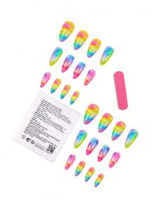 24片彩色扎染亚克力按压式美甲贴片，杏仁形，包含1片果冻胶和1个指甲锉，适合女性和女孩日常、节日和派对使用。 - 彩色 - 查看 5