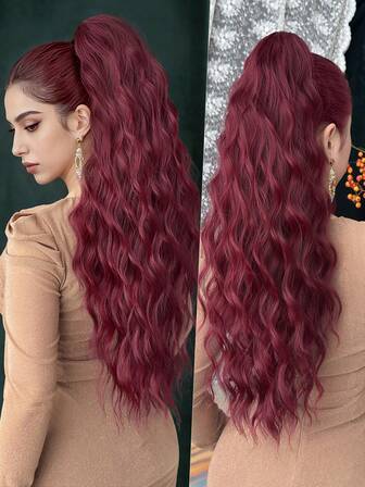 Wine Red Claw Ponytail Extension Hair Accessory 26 Inch Long Elastic Wave Heat-Resistant Fiber Synthetic Ponytail Wig, Suitable For Women's Daily Use