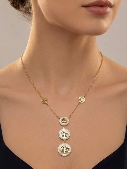 Cring Coco 1pc Fashionable Bohemian Classic Tree Of Life 304 Stainless Steel Pendant Necklace, Suitable For Women's Daily, Ball, Party, Vacation, Music Festival, Valentine's Day, Carnival, Easter, Home Decoration, Jewelry Accessories, Gift