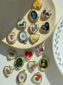 1件复古树脂干花吊坠项链，不对称几何椭圆心形吊坠项链，照片吊坠项链，永生花项链，时尚优雅女士饰品，DIY收纳 - 彩色 - 查看 11