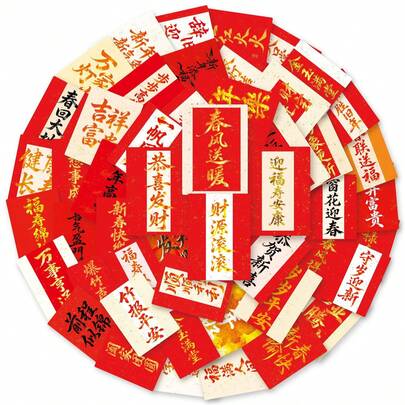 50张新年贴纸，新年快乐，吉祥祝福，马年新年贴纸，适用于信封、水瓶、电脑、笔记本电脑、手机、行李箱、笔记本、冰箱等。趣味贴纸，剪贴簿用品，Kindle适用。