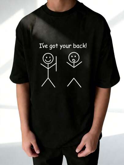 Tween Boy "I'll Always Support You" Cartoon & Letter Print Round Neck Short Sleeve T-Shirt, Suitable For Tween Boys Summer Tops