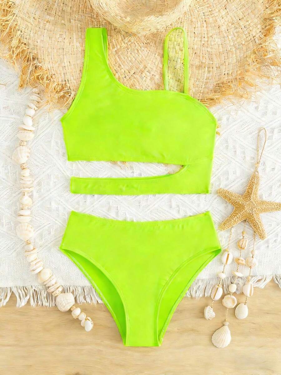 两件套荧光绿性感比基尼套装，不对称肩带+镂空腰部设计，沙滩度假泳装 - 青檸色 - 查看 1