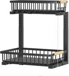 Organizador de 2 Niveles Bajo Fregadero de Cocina, Organizadores de Cocina ExtraíBles de y Organizador Multiusos,cajón Deslizante Metal, Especieros - Negro - Ver 1