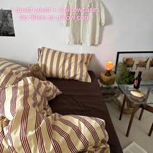 3件套复古条纹被套组 - 100%纯棉复古红色条纹印花3件套床上用品，柔软透气被套，带拉链和四角系带，不含填充物 - 紅棕色條紋 - 查看 4