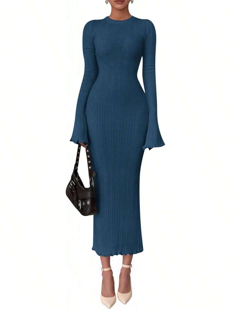 2026 Women's Fall Winter Bell Sleeve Crew Neck Ribbed Knit Bodycon Sweater Maxi Dress - 深藍色 - 查看 1