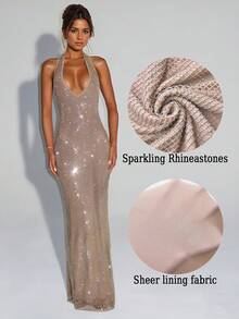 Deep V-Neck Bodycon Dress, High Waist Shiny Party Clubwear, Sexy Slit Fitted Dress For Women, Summer - Gold - View 2