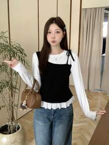 二合一圆领荷叶边修身系腰长袖T恤打底衫 - 白色 - 查看 3