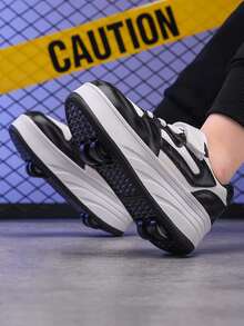 1 Pair Children's Sports Shoes With Wheels, 4-Wheel Rollerskate Sneakers - Black and White - View 9