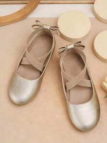 儿童金色弹力交叉蝴蝶结平底鞋 - 金色 - 查看 2
