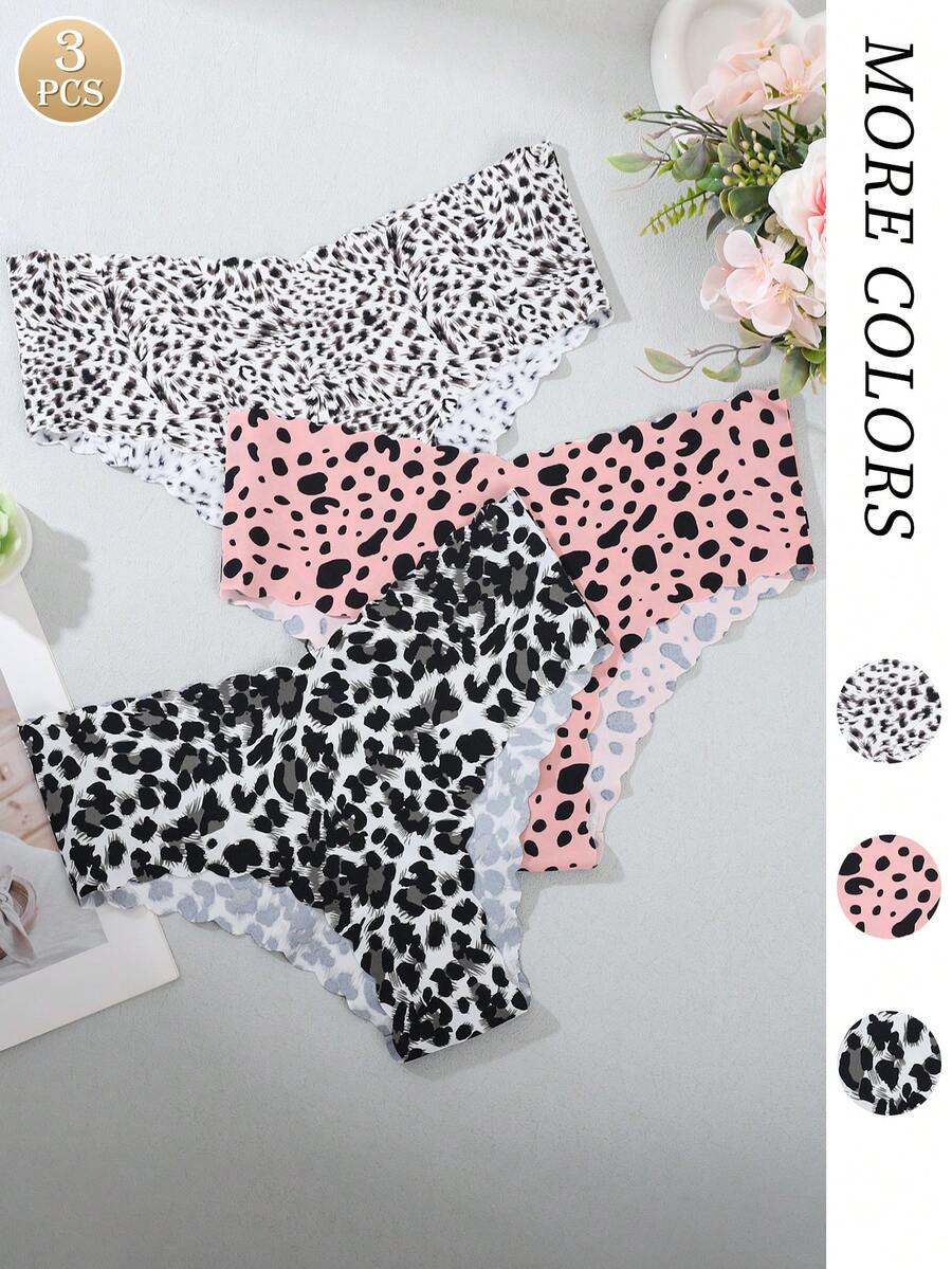 3 piezas de bragas de mujer con estampado de corazón lindo, ribete con volantes, tela suave y lisa, ropa interior casual cómoda - Multicolor - Ver 1