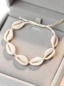 1条波西米亚风贝壳手链，手工编织可调节手链 - 白色 - 查看 3