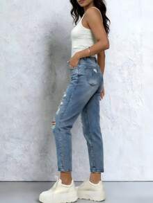 Ripped Mom Jeans, Non-Stretch, Women's Denim Pants, Boyfriend Style, Mom Fit, Casual Daily Wear, Ripped Pockets, Zipper Denim, Spring/Summer Daily - Blue - View 3