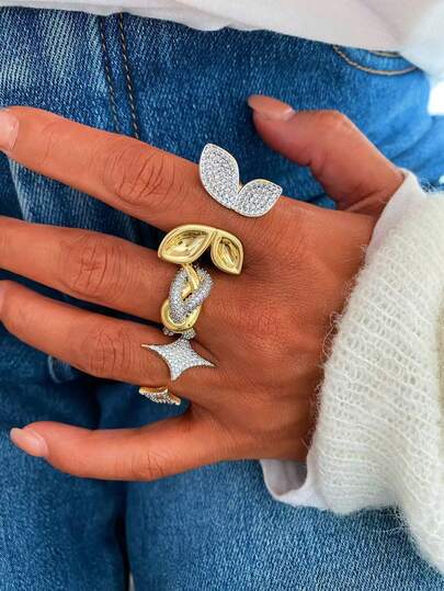 1枚可调节金色微镶锆石蝴蝶、结、星形开口戒指，材质优良，不褪色、不生锈，亲肤舒适，情人节/结婚礼物