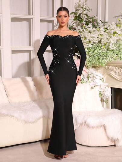 New Sexy Women's Wave Collar Long Sleeve Bandage Fishtail Dress, Bodycon Backless Slit Gown, Suitable For Banquet, Wedding, Party, Formal Occasions