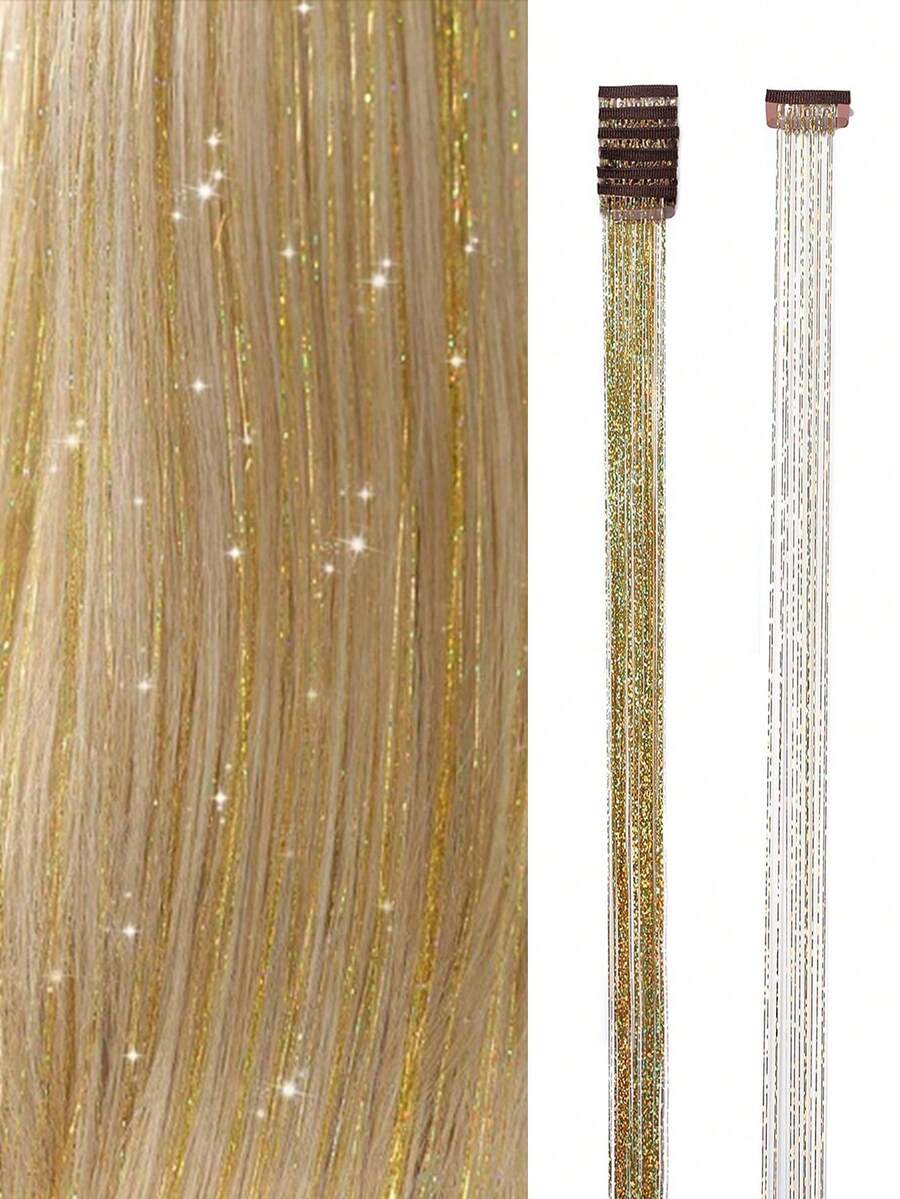 6 pièces Ensemble de cheveux pailletés dorés, 22 pouces/56 cm Cheveux synthétiques longs et droits à la mode avec pinces, accessoires de cheveux résistants à la chaleur - Doré - Voir 1