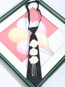 1pc Unisex Elegant 3D Camellia Flower With Rhinestone Tassel Necktie, Suitable For Fashionable Casual Outfits - A - View 3