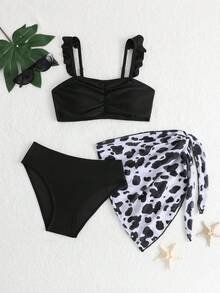 Tween Girls Bikini Sets, Cute Knitted Cow Print Fabric Design With Adjustable Straps, Padded Cup And O-Ring Accents, Elegant And Sophisticated Two Pieces Swimsuit, Suitable For Summer Swimming, Beach, And Vacation - Black - View 1