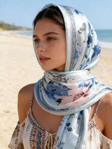 1pc Women's Fashion Printed Sunscreen Beach Scarf Shawl Headscarf, Suitable For Daily Wear, Travel, And Photography - Blue - View 4