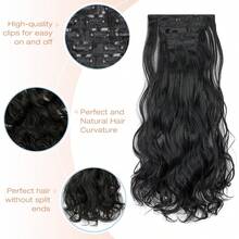 22英寸夹式接发，6片装，长款波浪卷黑色合成接发，自然柔软隐形夹式加厚假发片，适合女性日常佩戴。 - 彩色 - 查看 6