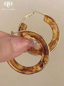 1 Pair Minimalist Personalized Chic Luxury French Retro High-End Resin Geometric Design Unique Hoop Earrings, Suitable For Daily, Vacation, Party Wear - Brown - View 2