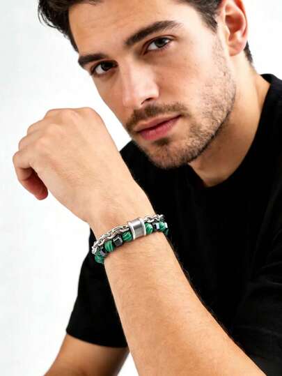 Moda en Europa y EE. UU. Pulsera de doble capa con cuentas de ágata negra y cierre de mármol OT para parejas, al por mayor desde fábrica