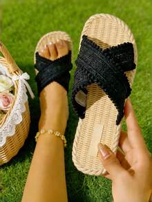 Nowość - sandały plażowe, eleganckie, uniwersalne, damskie sandały na płaskim obcasie, damskie sandały z odkrytymi palcami, damskie sandały letnie, damskie sandały płaskie, sandały z odkrytymi palcami, kapcie z odkrytymi palcami, czarne kapcie, czarne sandały, wiosenny strój damski, impreza dla singli, siateczka, frędzle - Czarne - Zobacz 5