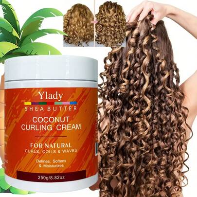  Curl Defining Cream, Ylady Shea Butter Coconut Curling Cream, For Natural Curls, Coils & Waves, Defines, Softens & Moisturizes, Adds Shine, Tames Frizz, Long Lasting Hold, Lightweight Formula, 250g/8.82oz