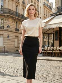 女士优雅梭织面料短袖船领落肩上衣，常规长度，适合日常穿着