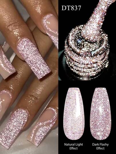 MEET ACROSS 1瓶7毫升裸粉色反光闪粉凝胶指甲油，碎钻凝胶指甲油，闪亮半永久可卸UV/LED指甲油，适合春夏美甲、美甲艺术DIY，沙龙和家庭美甲用品