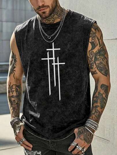 Men's Retro Minimalist Cross Print Washed Tank Top, Comfortable & Breathable, Suitable For Summer, Leading Fashion