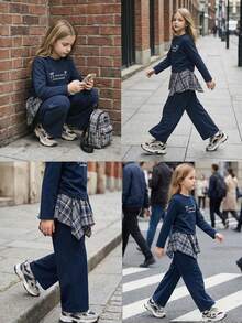 مجموعة قطعتين من البنات الصغيرات، تصميم رياضي كاجوال بطباعة حرفية وطيات جانبية، سترة بأكمام طويلة وبنطال ساق واسعة، ديكور مخطط، مناسب للبنات للارتداء اليومي في فصلي الخريف والشتاء - أزرق بحري - مشاهدة 6