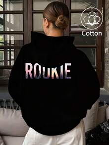ROOKIE' Unique Letter Print Hoodie, Warm For Autumn/Winter - Black - View 3