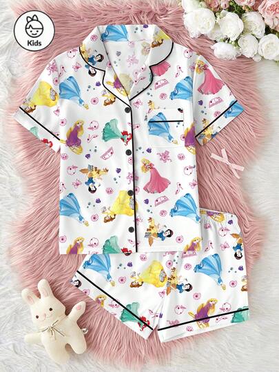 Disney Conjunto de 2 piezas con estampado de dibujos animados de la serie princesa para niñas preadolescentes, conjunto de pijama corto de manga corta y cintura elástica, suave y transpirable como la seda, adecuado para todas las estaciones, ropa de estar en casa