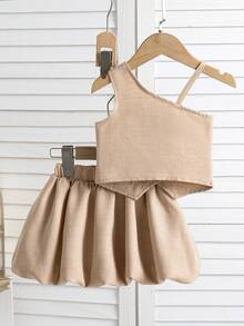 2 pièces Nouveau cardigan sans manches irrégulier d'été pour bébé fille + jupe à bulles de couleur unie. Tenue décontractée et confortable, convient pour le port en extérieur - Nude - Voir 3