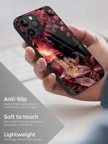 1 pieza Funda de teléfono de material de vidrio con patrón elegante de flor de lirio, de alta gama y atmosférica, compatible con iPhone 17 Pro Max/16/15/14/13/12/11, material de vidrio templado - Negro - Ver 4