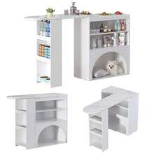 Modern Retractable Counter And Dining Table, Small High Swivel Counter Table – With Pet Space, Without Pet Plate And Mat, White Marble Top, 120 (+ 80) * 40 * 100 Cm - White - View 4