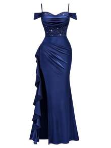 MIUSOL Sequin Floral Lace Off Shoulder Ruffle Trim Split Thigh Satin Evening Party Long Dress, Elegant Women Dress, For Wedding Guest, Graduation, Dinner - 藏蓝色 - 查看 7