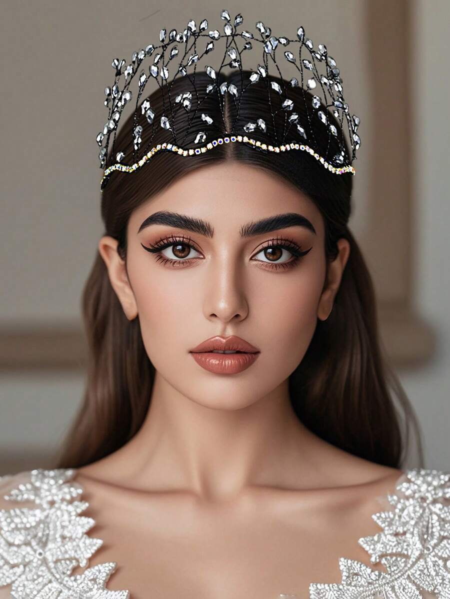 1pc Shiny Silver Crystal Crown Headband, 3D Princess Style, Suitable For Bride, Wedding, Celebration, Date, Outing, Party, Gift, Casual Wear - Grey - View 1