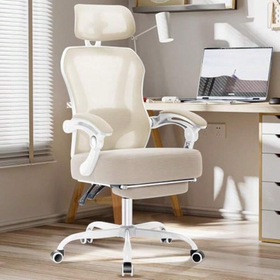 Silla ergonómica de oficina con reposapiés silla de computadora reclinable ultra gruesa con soporte lumbar ajustable 2D y reposacabezas para la cabeza cojín de resorte silla de computadora de malla - Crema Blanco - Ver 1