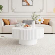 31.49" Walnut Coffee Table Round Wood, Modern Unique Fluted Tea Table, Contemporary Drum Circle Accent Center Table For Living Room, Small Space, Apartment - 白色 - 查看 7