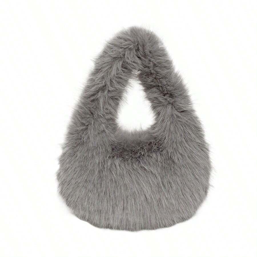 Solid Fluffy Soft Candy Color Satchel Bag, Y2K Style Faux Fur Tote Bags For Ladies, Party Bag, Party Dresses For Women, Winter Fur Purse, Suitable For Commuting, Work, Gatherings, Parties, Perfectly Matching With Fall Outfits Womenfall Clothes For Women, New Arrival Fur Bag For Women - 灰色 - 查看 1