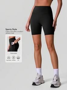 Sodalemon Women's Elastic Waist Yoga Shorts With Side Pockets, Butt Lifting, Solid Color, Suitable For Fitness, Outdoor Casual Sports - Black - View 1