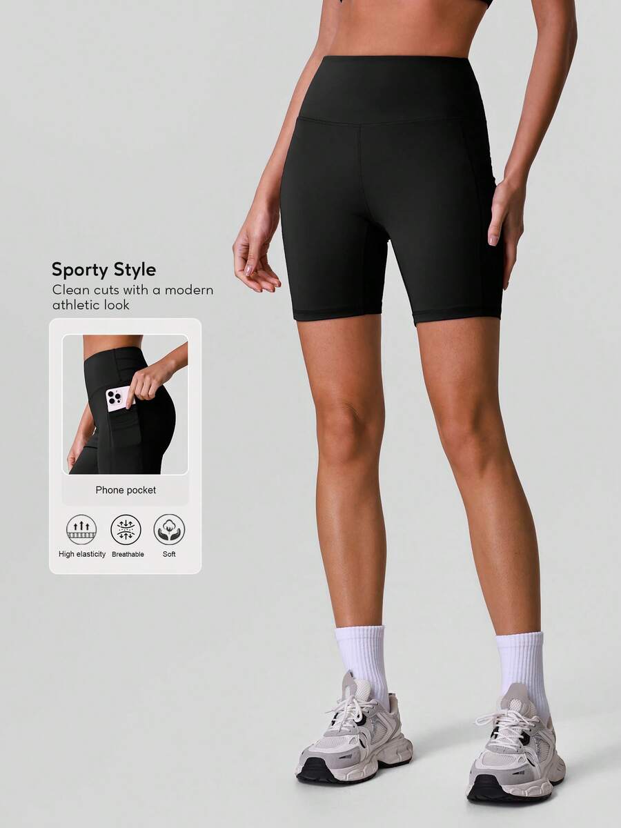 Sodalemon Women's Elastic Waist Yoga Shorts With Side Pockets, Butt Lifting, Solid Color, Suitable For Fitness, Outdoor Casual Sports - Black - View 1