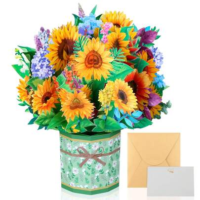 3D Paper Flower Bouquet Pop-Up Card, Sunflower Birthday Pop-Up Greeting Card To Celebrate For Women, Boss, Best Friend, Mother, Birthday, Anniversary