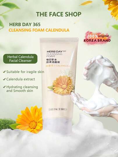 The Face Shop Espuma limpiadora de caléndula Herb Day 365, elimina suavemente los residuos de maquillaje y la piel muerta, proporciona una sensación refrescante, limpia eficazmente los residuos de la piel, contiene extractos naturales, hidratante y calmante, apto para todo tipo de pieles, cosméticos coreanos, 170g/5.99oz