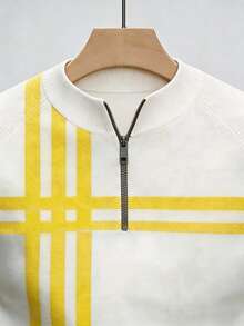 Men's Versatile Color Block Striped Half-Zip Stand Collar Long Sleeve Sweatshirt + Solid Casual Pants Set, Multiple Colors - Yellow - View 9