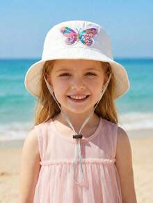 1顶女童亮片蝴蝶渔夫帽，可调节，时尚防晒帽，适合春夏佩戴 - 白色 - 查看 12